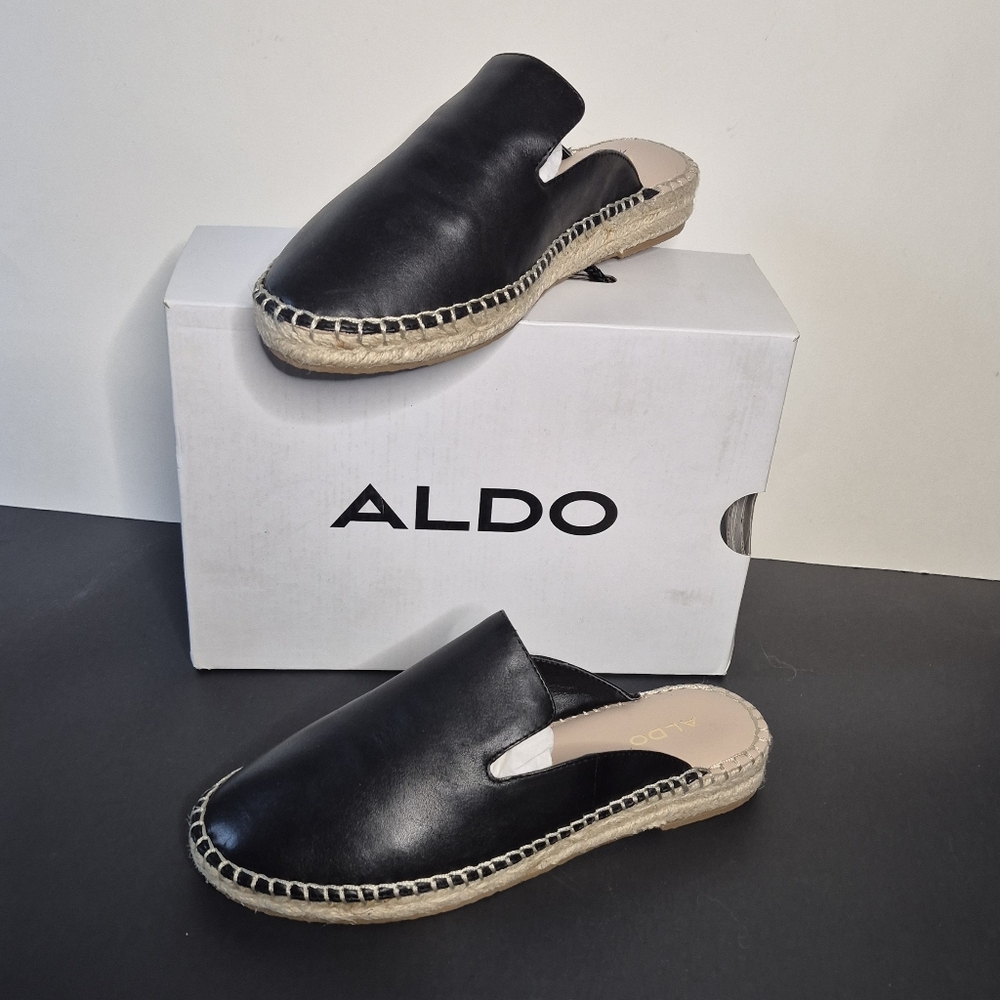 Aldo Black Leather Espadrille Loafers/Mules